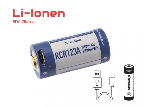 Acumulator reîncărcabil Keeppower P1634U1 RCR123A Micro USB 16340, 3.0V, 860 mAh (set de 2 bucăți)